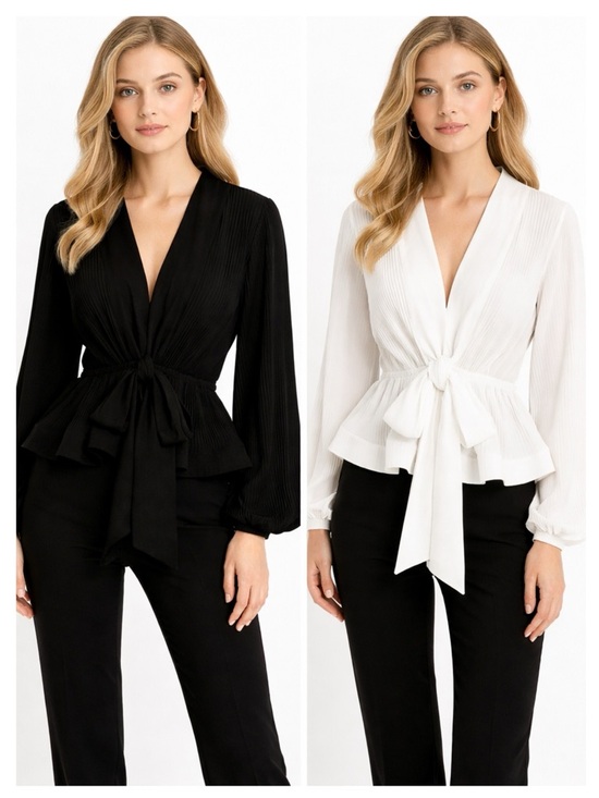 M Signature Label Collection Tops - Stunning Black & White Pleated Tie Top
